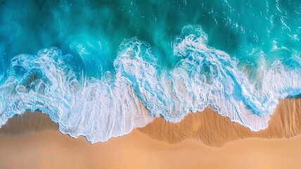 Wall Mural - Aerial View of Turquoise Waves Crashing on Sandy Beach - An aerial view of turquoise ocean waves crashing on a sandy beach, symbolizing tranquility, beauty, nature, vacation, and relaxation.