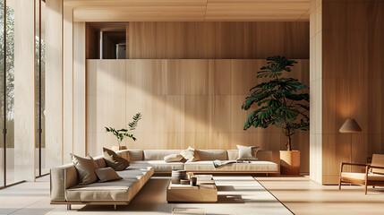 modern and minimalist living room made of wood, magazine cover, interior design, construction and architecture, environment.