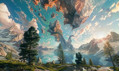 Wall Mural - Uncanny valley with melting mountains, floating trees, and a sky of kaleidoscopic patterns.