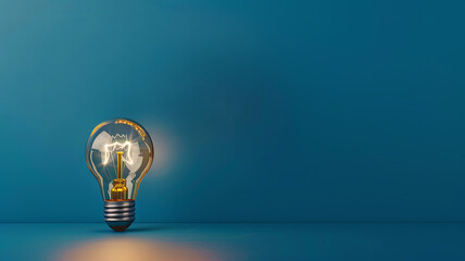 Poster - Glowing Lightbulb on Blue Background - Concept of Ideas and Innovation - A single lightbulb, glowing brightly against a blue backdrop, symbolizing inspiration, creativity, new ideas, innovation, and p