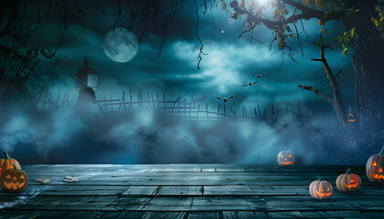Wall Mural - spooky halloween background with empty wooden planks