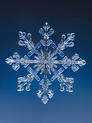 Sticker - Stunning Macro Photo of a Single Snowflake Against a Blue Sky - A detailed close-up of a snowflake on a blue background. It symbolizes winter, nature's beauty, fragility, uniqueness, and intricate pat