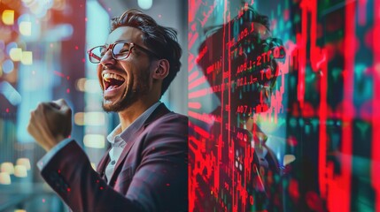 a split-screen image with one side showing a businessman cheering and the other side showing a stock
