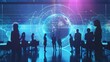 © Yi - Futuristic Office with Holographic Graphs and Global Network of Business People Collaborating on Digital Projects, Blue Corporate Atmosphere, Cityscape View, and Cultural Symbols