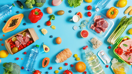 Wall Mural - A flat lay of various food items including eggs, meat and milk on a blue background.