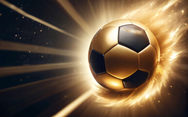 Wall Mural - Golden soccer ball in motion on a dark background, energy fire