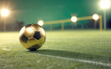 Wall Mural - A golden soccer ball is flying on the green grass of a football field