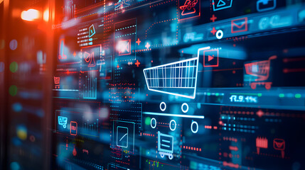 Digital e-commerce interface with shopping cart icons, symbolizing online retail and technology.