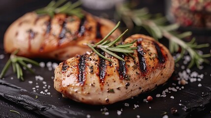 Close-up of two grilled chicken breasts with rosemary and spices