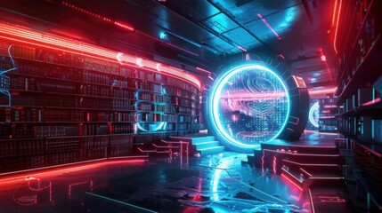 Poster - A futuristic library with neon lights and a large circular room