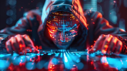 Wall Mural - a man is sitting in front of a computer screen with a glowing face on it