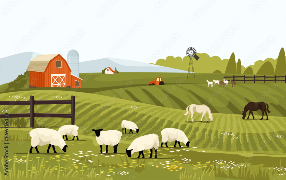 Rural spring landscape countryside with farm field with green grass ...