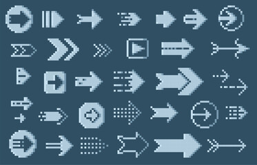 Wall Mural - Pixeleted retro arrows. 8 bit navigation cursors, pixel game UI elements, retro 90s app icons. Vector square pointer symbols collection