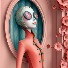 Wall Mural - A surreal elegant female character with big eyes and glasses on a pink background
