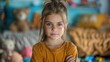© JoxyAimages - A young girl with blue eyes and a casual expression stands with crossed arms in a cozy bedroom filled with plush toys, epitomizing childhood innocence.