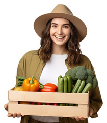 Sticker - PNG Happy girl wearing gardening adult food box.