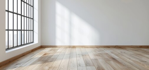 Poster - This minimalist home design mockup concept showcases a modern interior with an empty wall, wooden floor, and window, all set against a white background.