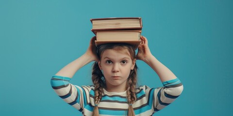 Wall Mural - A young girl holds a stack of books on her head, showcasing her creativity and love for reading