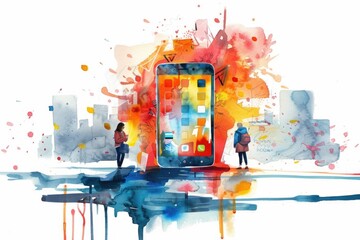 Canvas Print - A person stands beside a cell phone, showcasing the device's use in modern life