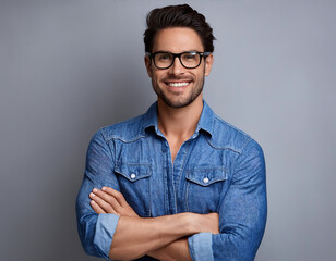  Portrait of Happy Fashionable Handsome Man- A cheerful and stylish man in a jeans shirt and_1(241)