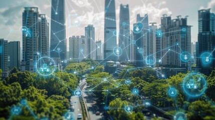 Wall Mural - a network of interconnected devices and sensors forming a smart city infrastructure, optimizing ener