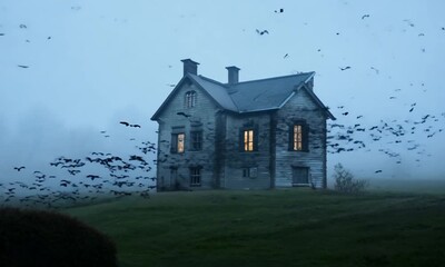 Wall Mural - Haunted house with eerie fog and bats. 4K Video hyperrealistic