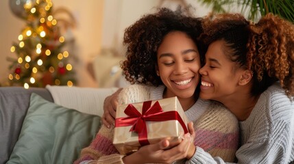 Wall Mural - heartwarming embrace between mother and daughter gift exchange on cozy sofa