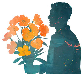 Sticker - PNG Silhouette holding vibrant flower bouquet