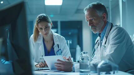 Poster - A doctor and nurse in a hospital meeting room, engaged in a discussion about treatment planning with medical charts and laptops