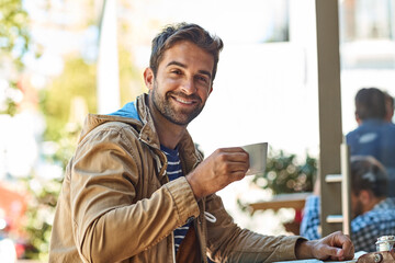 Sticker - Happy man, drinking tea and portrait at cafe in outdoor, holiday and peace at travel destination. Male person, relax and espresso for calm beverage, restaurant and smile on vacation at coffee shop