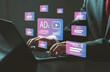 © MrPanya - video marketing ideas Playing online video streaming shows advertising buttons for advertising leads on websites. Video with ads on laptop screen