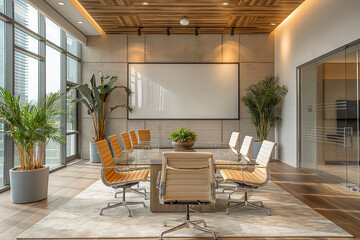 Wall Mural - Modern boardroom featuring a glass table and comfortable chairs