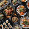 © KENZOGROW - A table spread with a variety of Asian cuisine dishes, including sushi, noodles, and rice.
