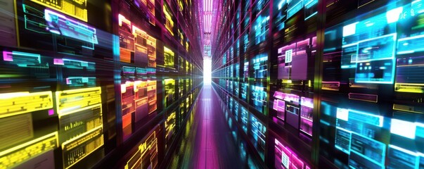 A vibrant tunnel of digital data illuminated by colorful lights, representing technology and modern connectivity.