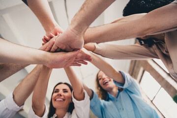 Sticker - Cropped portrait of group professional corporate workers pile stack hand shake loft interior business center indoors