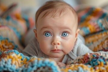 Wall Mural - A baby with blue eyes is lying on his stomach, funny face.