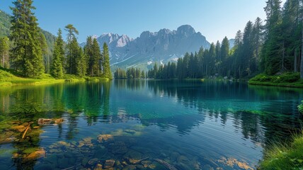 Canvas Print - Stunning Alpine Lake with Crystal Clear Water Surrounded by Lush Pine Forest and Majestic Mountain Peaks Under a Clear Blue Sky in a Serene Natural Landscape