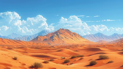 Canvas Print - Stunning Desert Landscape with Rolling Sand Dunes and Majestic Mountains Under a Clear Blue Sky with Fluffy White Clouds