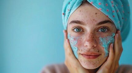 Poster - A female student in a studio, her skin glowing after facial and acne skincare treatment, demonstrating wellness and hygiene with the use of cosmetics, on a blue backdrop