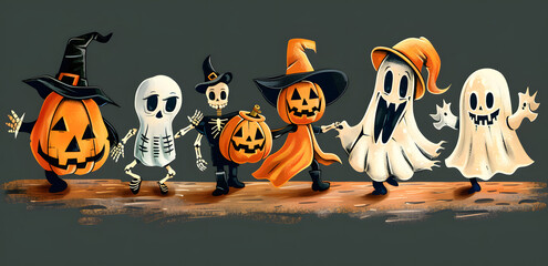 Canvas Print - A collection of vintage style halloween characters including a ghost, pumpkin and witch. Vector illustration