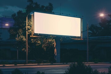 Wall Mural - An empty billboard stands alone on a city street at night, providing a dark and urban backdrop for any project