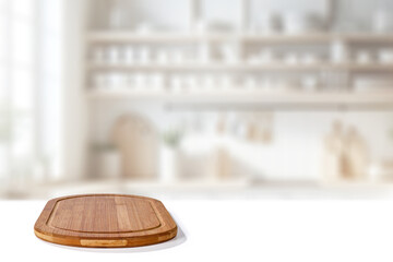 Wall Mural - wooden cutting board with blurred bright kitchen interior. natural window daily sunlight. copy space