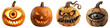 © HappyStudio - Collection of eight lit spooky halloween pumpkins, Jack O Lantern with evil face and eye isolated on transparent or white background