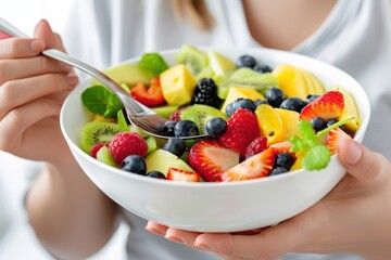 Close-up of a bowl filled with a variety of colorful fresh fruits, showcasing a healthy and delicious meal option.