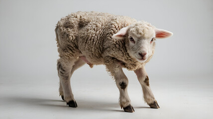 Close up photograph of a lamb isolated on a white background, sheep child, cute animal, diary animals