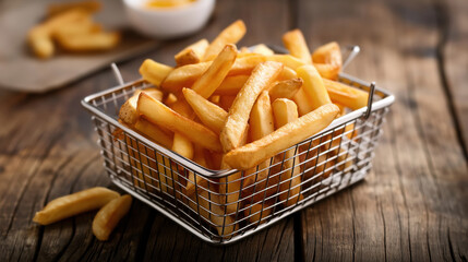 Wall Mural - Basket of golden French fries on a rustic wooden table with a dipping sauce in the background.