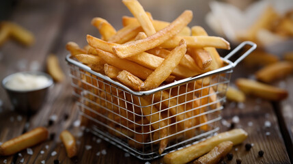 Sticker - Basket of golden French fries on a wooden surface with scattered salt and peppercorns and a small container of dipping sauce in the background.