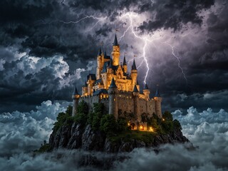 Wall Mural - A magical castle floating in the air, surrounded by clouds and lightning.