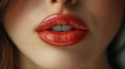 Wall Mural - Close-up shot of a woman lips. Beauty injections concept. Peachy lipstick. Fashion make up. Cosmetology, drugstore or fashion makeup.