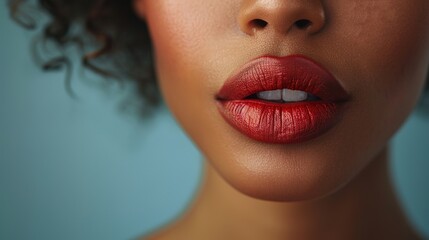 Wall Mural - Close-up shot of a woman lips. Beauty injections concept. Peachy lipstick. Fashion make up. Cosmetology, drugstore or fashion makeup.